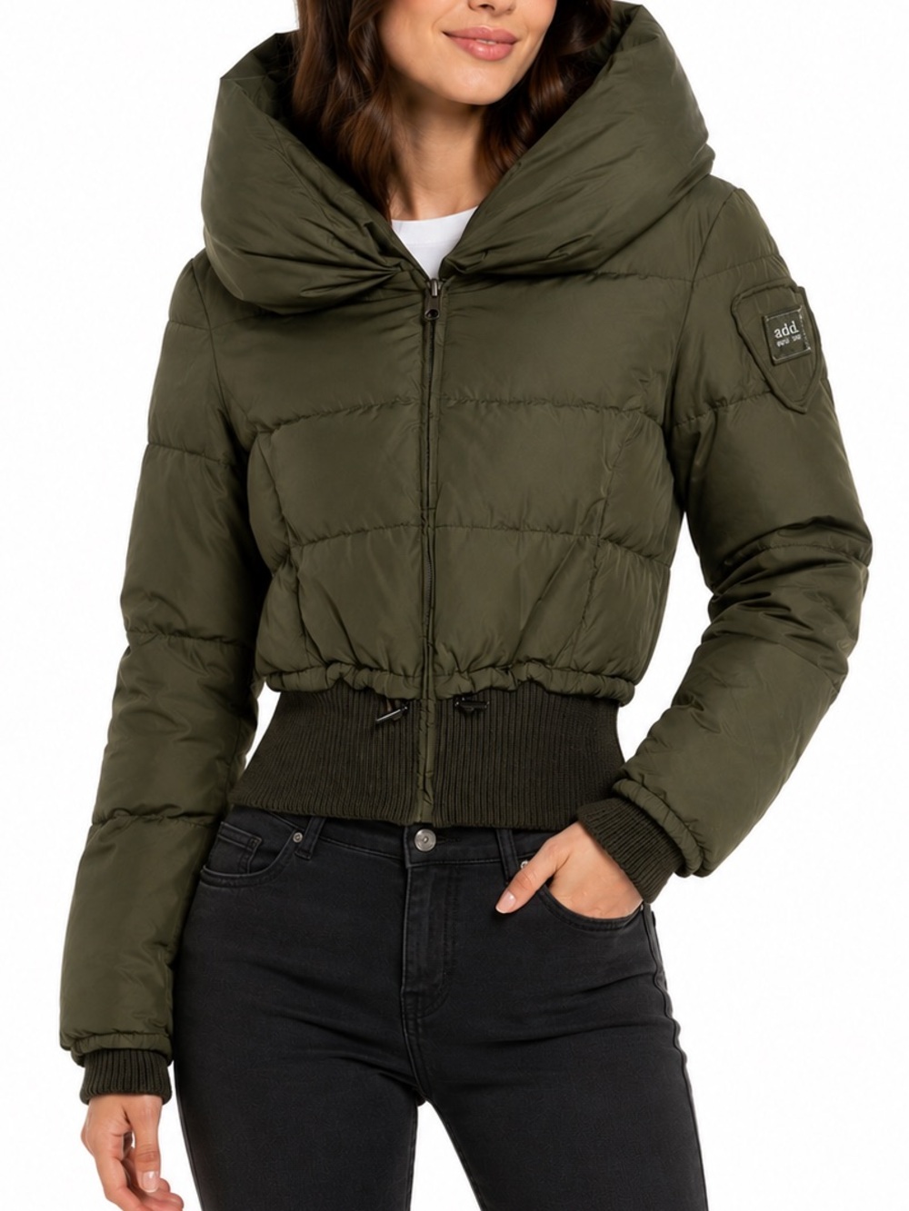 Add down jacket olive green, cropped puffer style with a large stand collar 2